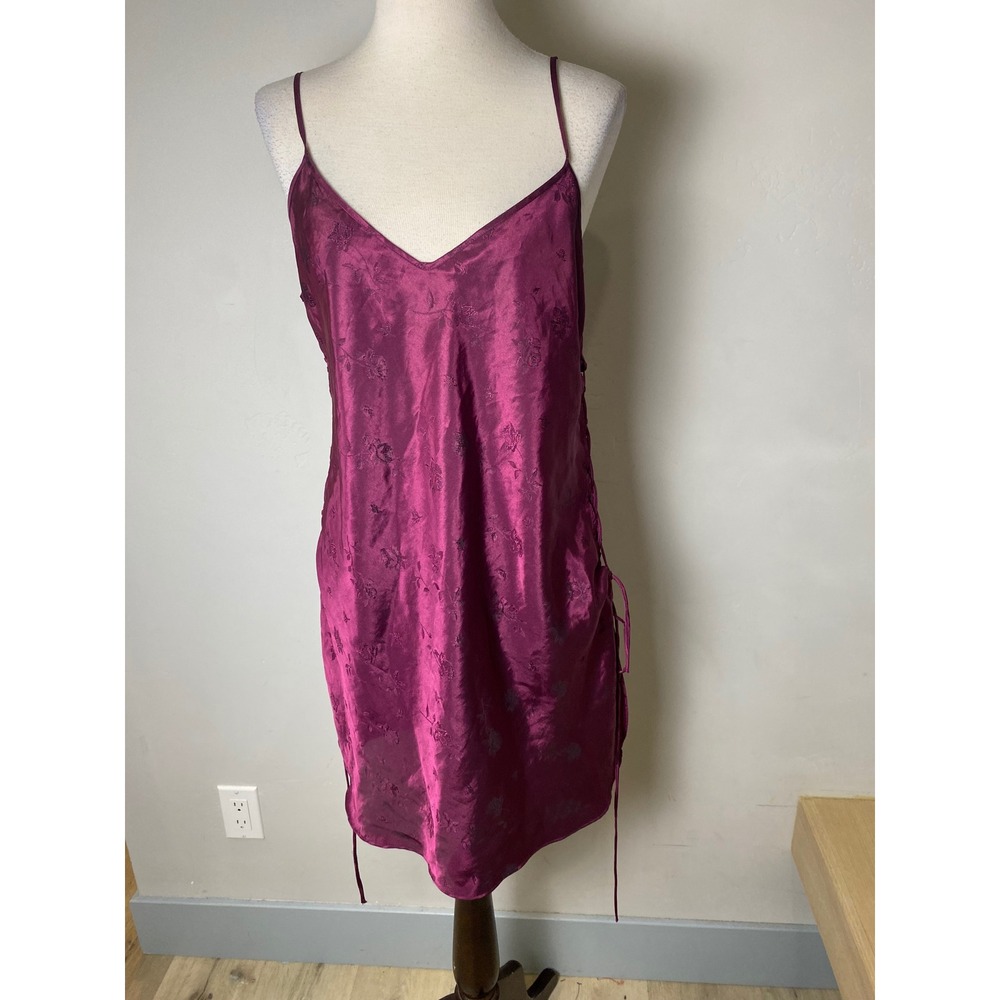 Inner Most Vintage Satin Floral Slip Dress Plum Purple Lace Up Side Lingerie L